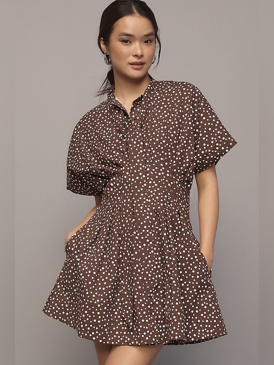 EXQUISE Dresses & Skirts - Anthropologie The Tobie Tie Neck Shirt Dress by Exquise Brown Polka Dot Size XS